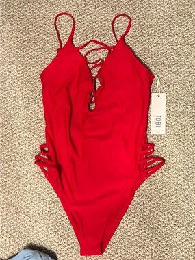 Tobi Red Hot Strappy One-Piece Swimsuit medium